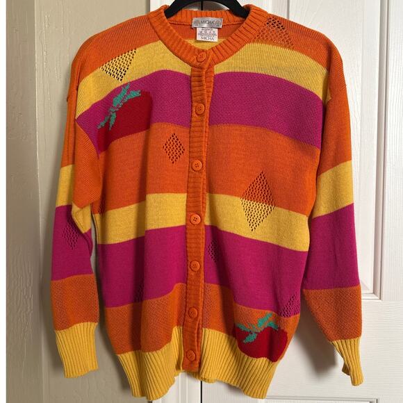Orange Yellow Pink Strawberry Cherry Striped Cardigan Micha Denmark - Picture 1 of 5